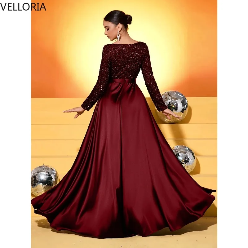 Elegant Burgundy Long Sleeve Party Dress Sequin Top Satin Evening Gown Custom 2025 Ball Gown Vestdos De Fiesta Customized
