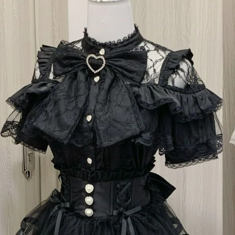 

Sweet Classic Lolita Blouse, Asian Subculture Fashion Ruffled Bow Tie Shirt Long Short Sleeve Cotton Top for Casual Gothic Party