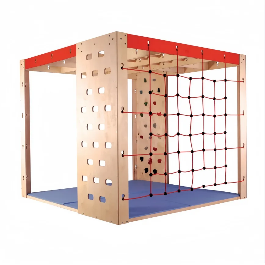 Multi-Functional Indoor Playground with Wooden Ladders Rope Net Climbing Wall for Family Gym