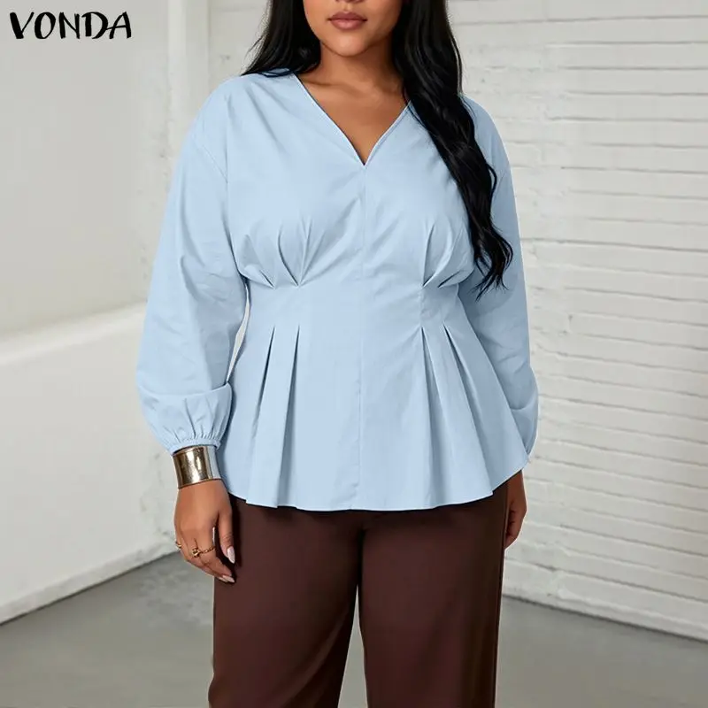 

VONDA Plus Size Women Blouses Elegant Long Sleeve OL Work Tunics Solid Color V Neck Tops Casual Fashion Pleated Blusas 2026