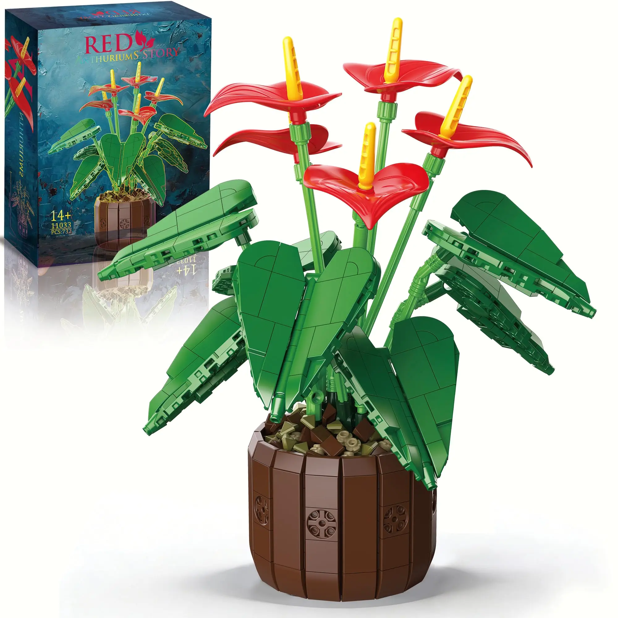 

732PCS Red Anthurium Flowers Bonsai Building Blocks Potted Plants Model Bricks Desktop Ornaments Adult Holiday Gift DIY Toys
