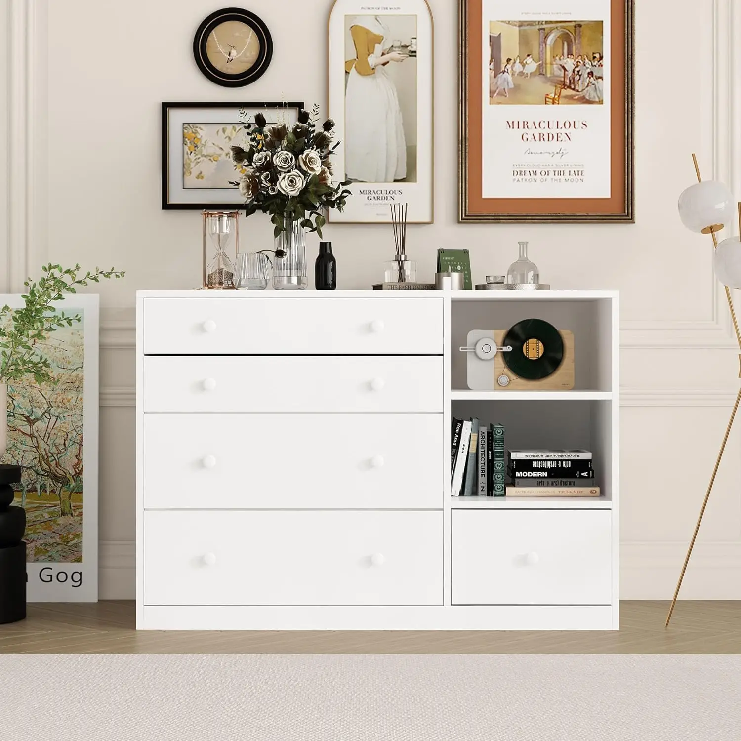 خزانة أطفال كلاسيكية مع 5 أدراج ورفين، طاولة تغيير حفاضات الأطفال متعددة الوظائف، تغيير الحفاضات