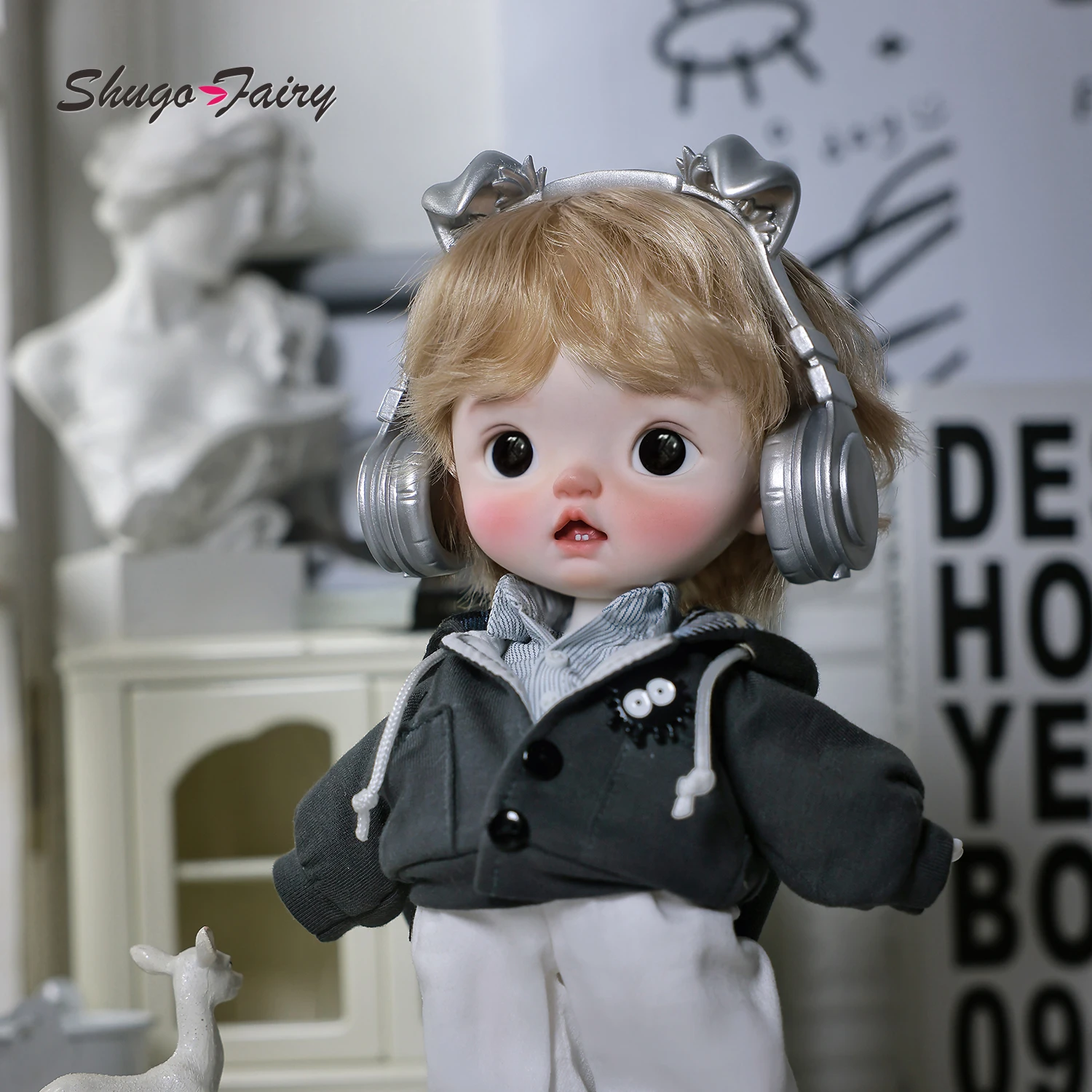 Thessa boneka Bjd 1/6 kepala besar anak kecil lucu dua gunting Resin Earphone rumah rekreasi bersendi boneka tokoh Anime