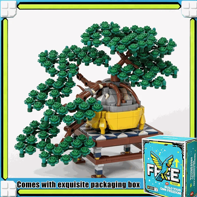894PCS Juniper Cascade Bonsai Tree Art Model Building Blocks Custom Assembly Evergreen Display Stand Gift For Living Room Decor