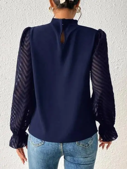 مزاجه الخريف أنيقة مطوي تصميم منظور شبكة كم الربط الشيفون قميص المرأة التنقل قميص شيفون #2