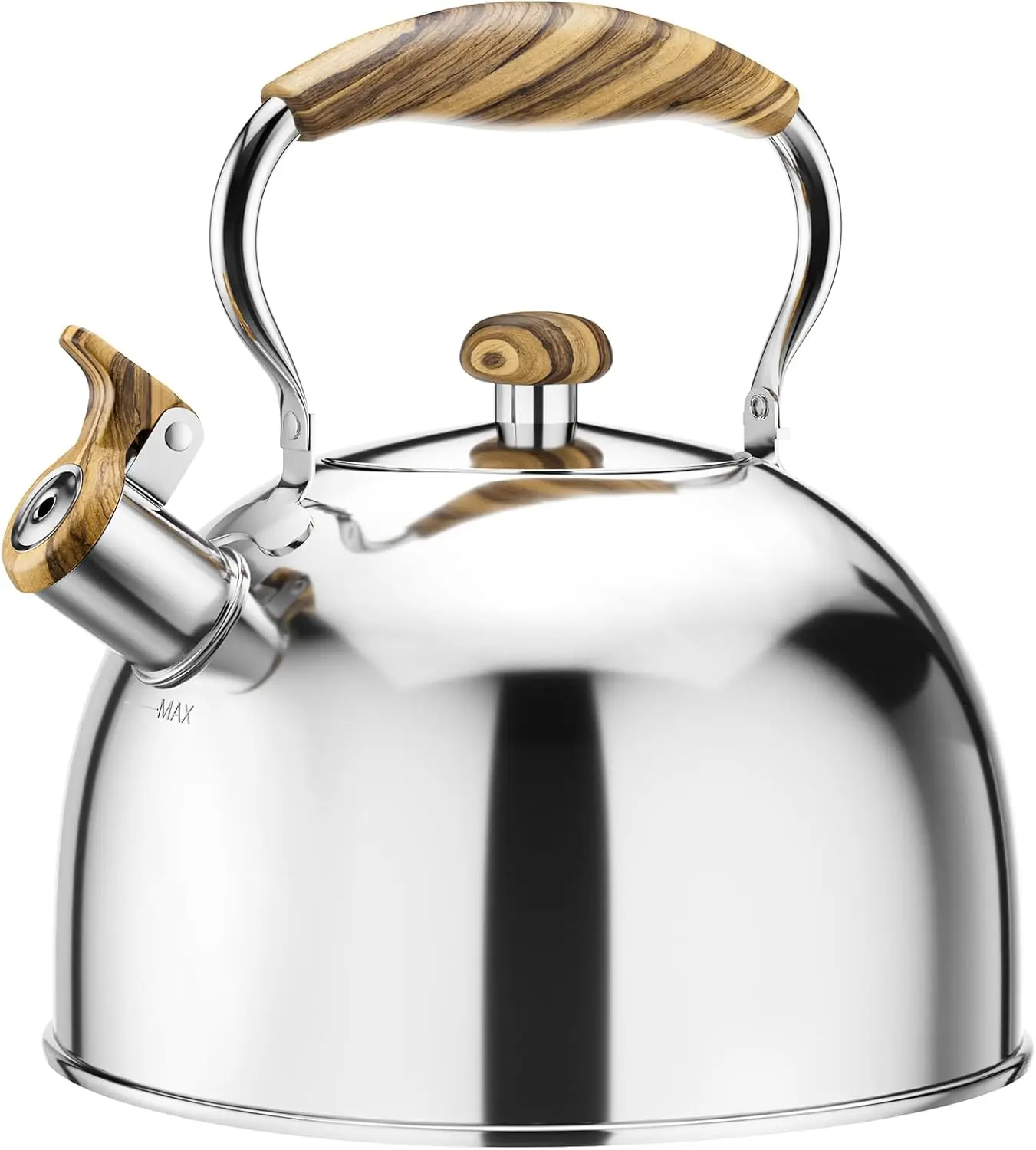 

Чайник-свисток из нержавеющей стали на 2,6 литра с ручкой под дерево для плиты, серебристый