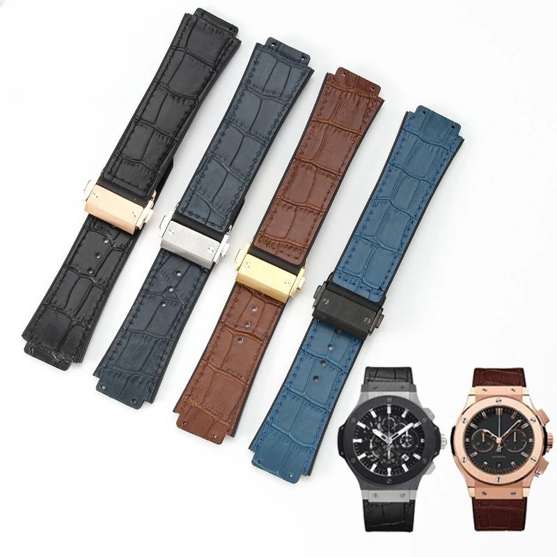 

Premium alligator Grain Genuine Leather Silicone Watch band Straps Mens wristband Fits Hublot big bang Watch accessories 19*26mm