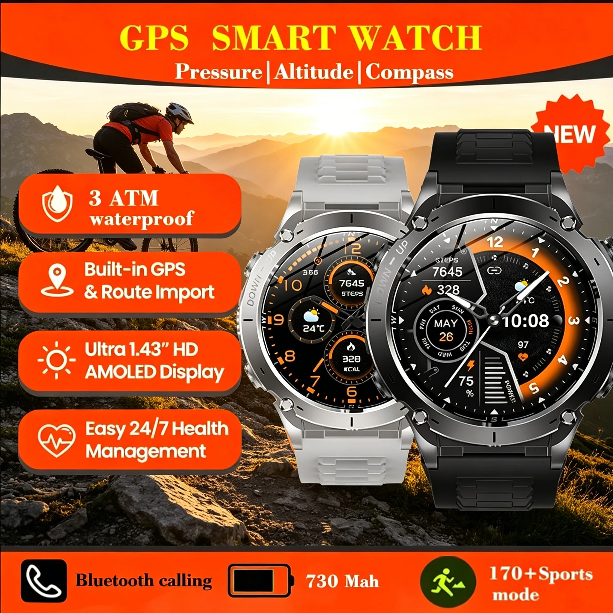 

Hot GPS Compass Smart Watch 1.43” HD AMOLED Display Built-in GPS Bluetooth Phone Calls Sports 3ATM waterproof Smartwatch for Men