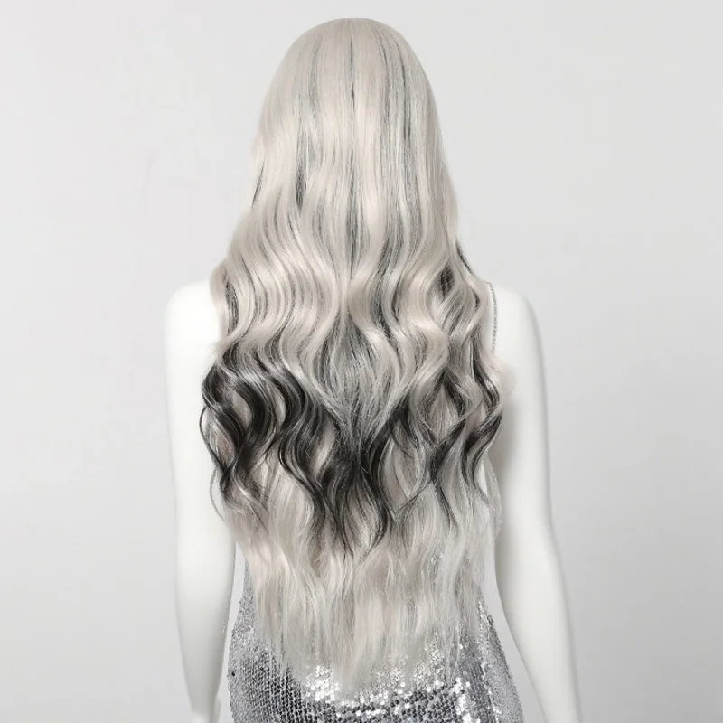 Silver White Black Witchy Highlights Gothic Long Curly Synthetic Wig Halloween Vampire Cosplay Heat Resistant Hair for Women