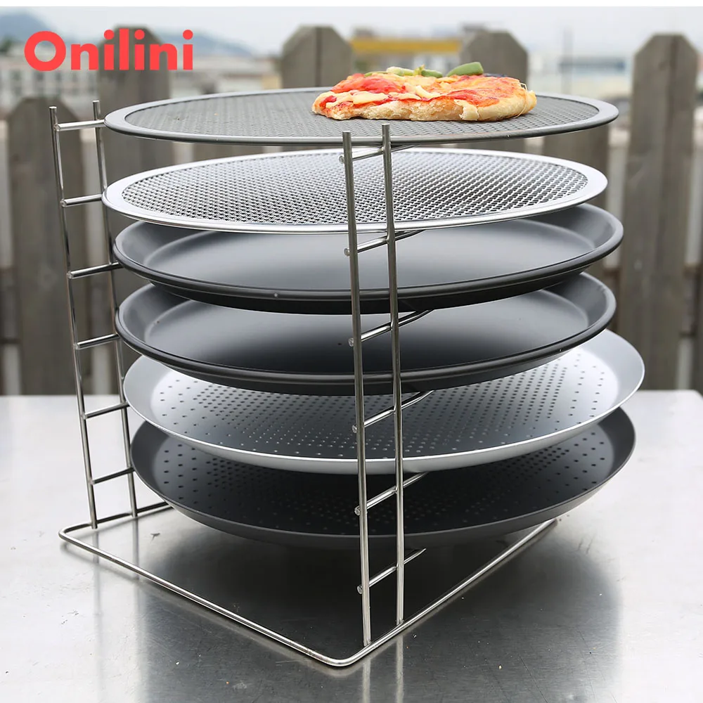 

Onilini Pizza Pan Stand 6 Layers, Stainless Steel 11 inch Pizza Pan Rack Holder for Party Buffet Table Platter Tray Display
