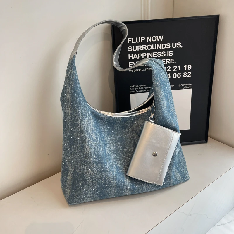 Bolsa de ombro jeans de grande capacidade feminina, casual, com zíper, versátil, estilo clássico, tiracolo, retrô, portátil, 2024