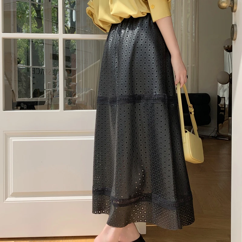 Genuine Leather Long Skirt Women Spring Summer First Layer Sheepskin Stitching Knitting Hollow Out Elastic Waist Black Etekler