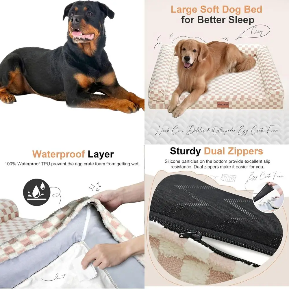 

Orthopedic Washable XXL Dog Bed with Bolster, Egg Crate Foam, Waterproof Removable Cover - Pink Grid Pattern