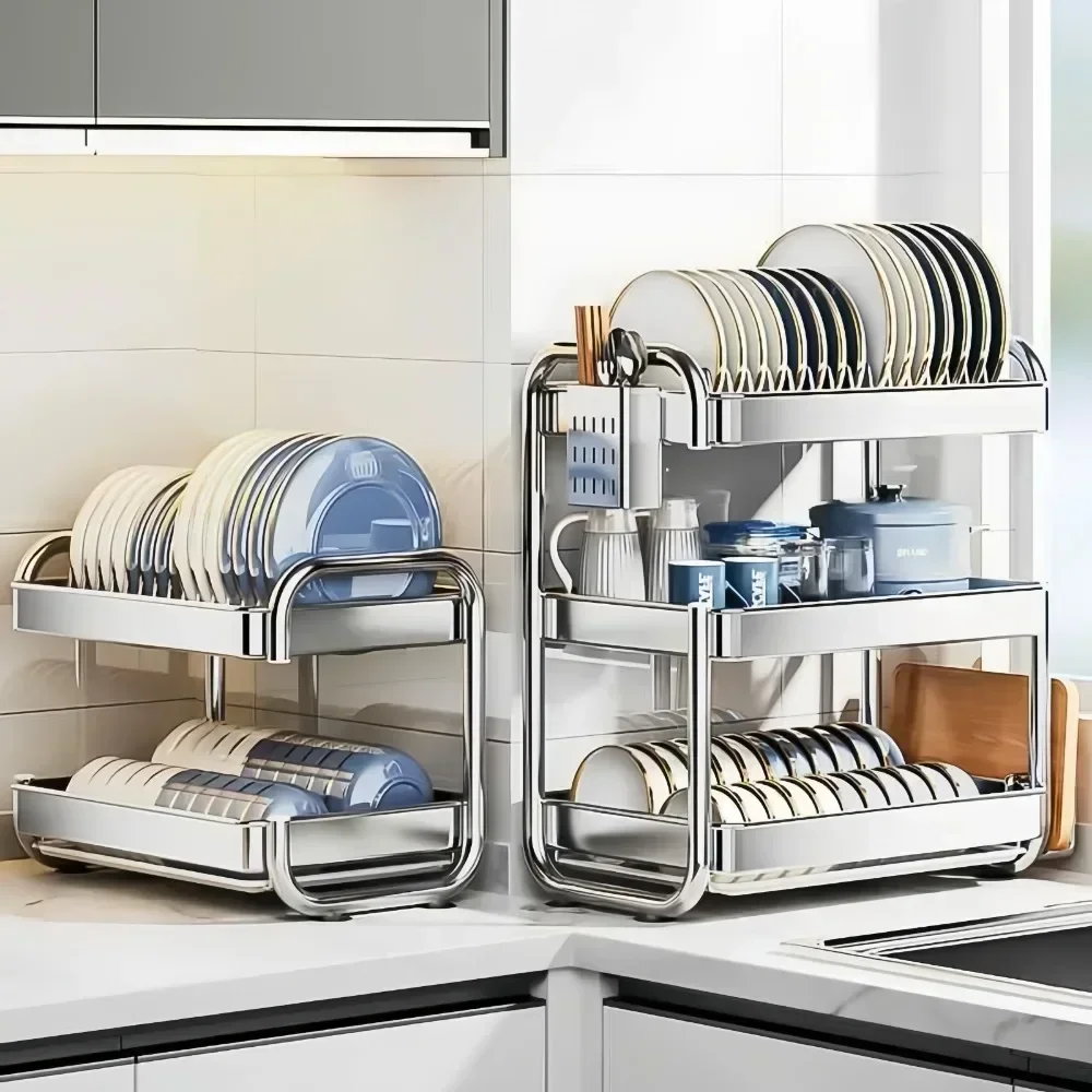 New Dish Drying Rack Rustproof Kitchen Organizer Rack Draining Shelf Stainless Steels Bowl Dish Storage Shelf Kitchen Organizer