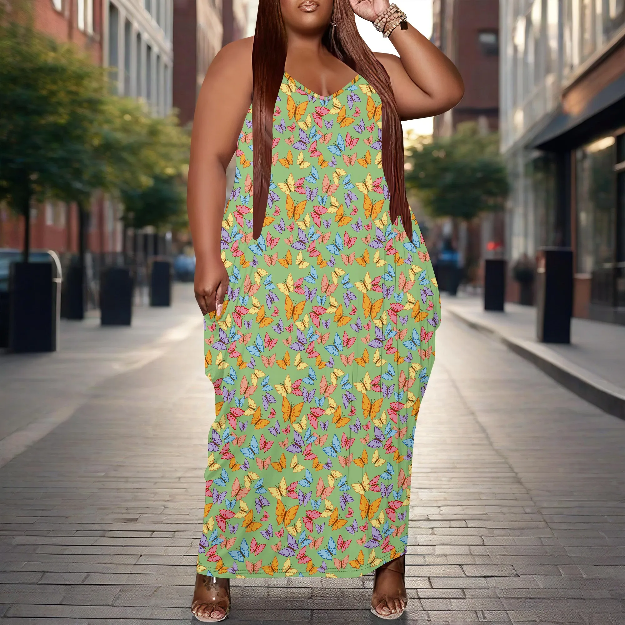 Women Plus Size Dress Loose Halter Long Dress with Pocket Stretchy Boho Butterfly Print XL-6XL​