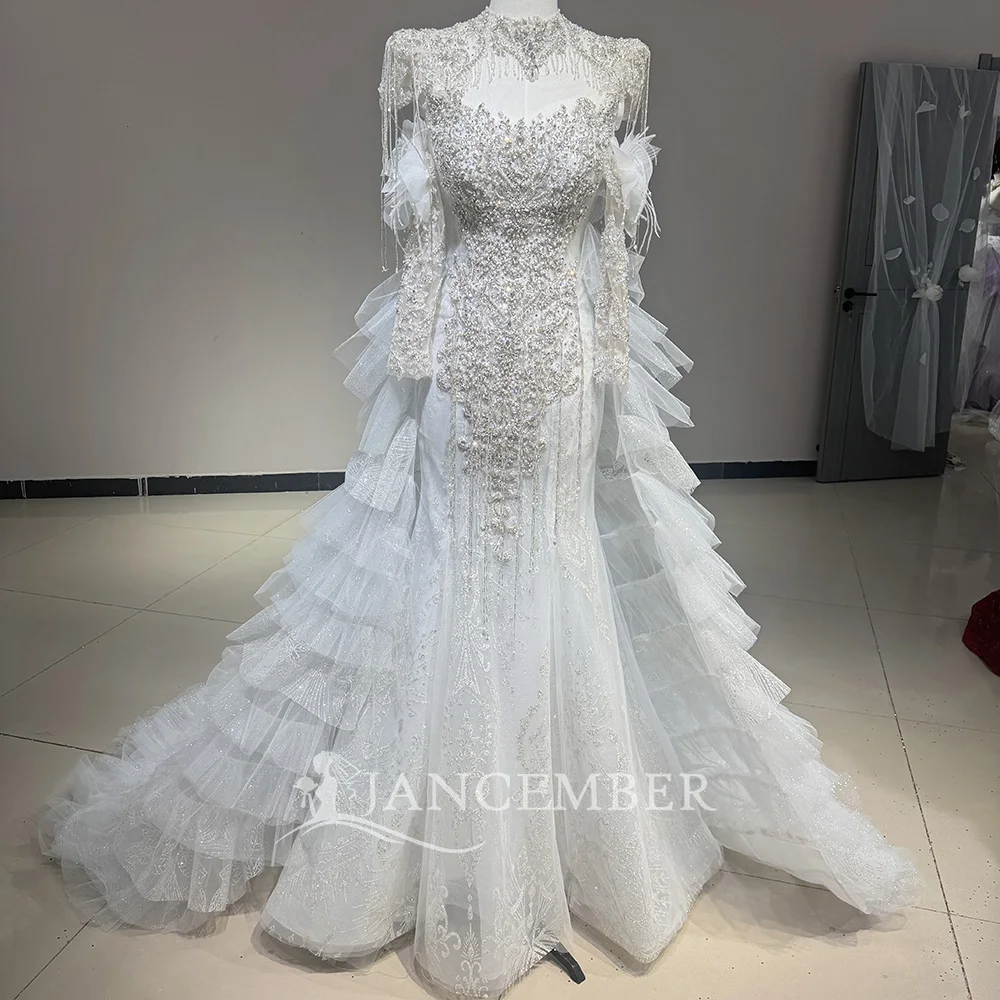 

Full Beading Crystal Wedding Dresses Gorgeous Sweep Train Bride Dresses 2025 Bridal Gowns High Neck Customized Vestido De Noiva
