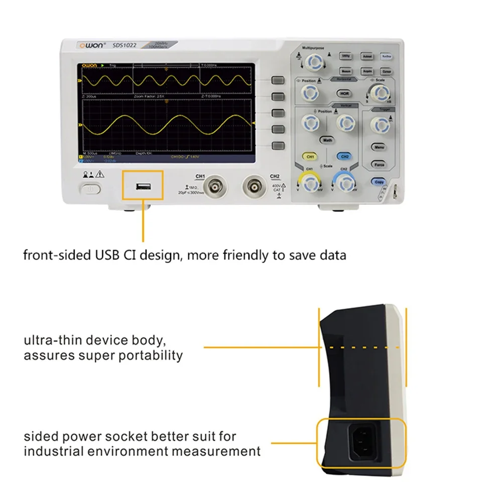 Owon SDS1022 2CH 100MS/s 1GS/s 20MHz Osciloscopio Digital Oscilloscope Oscillometer Digital Storage 7\