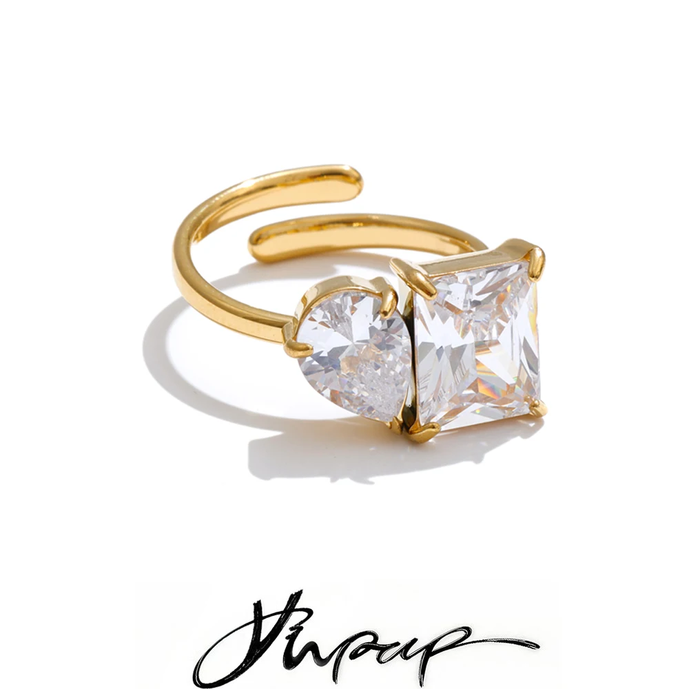 Yhpup Edelstahl-Ring mit glänzendem Zirkonia, tropfenförmig, quadratisch, verstellbar, rostfrei, zarter, frischer Fingerschmuck