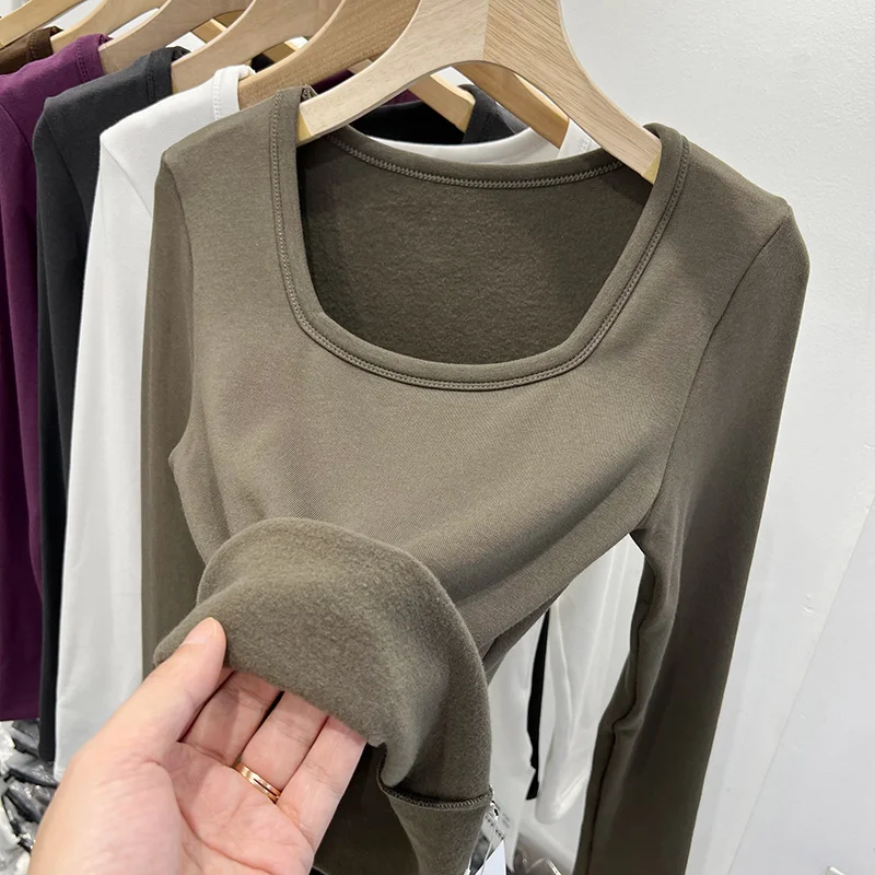 

Women's Long Sleeve T-Shirt Thin Fleece Square Collar Base Shirt Inner Wear Comfortable Korean Style Commute Pure Color Polye...