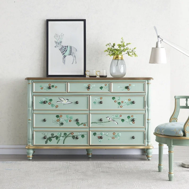 DSA solid wood dining side cabinet retro painted three-bucket two-door cabinet bedroom storage master bedroom bedside locker
