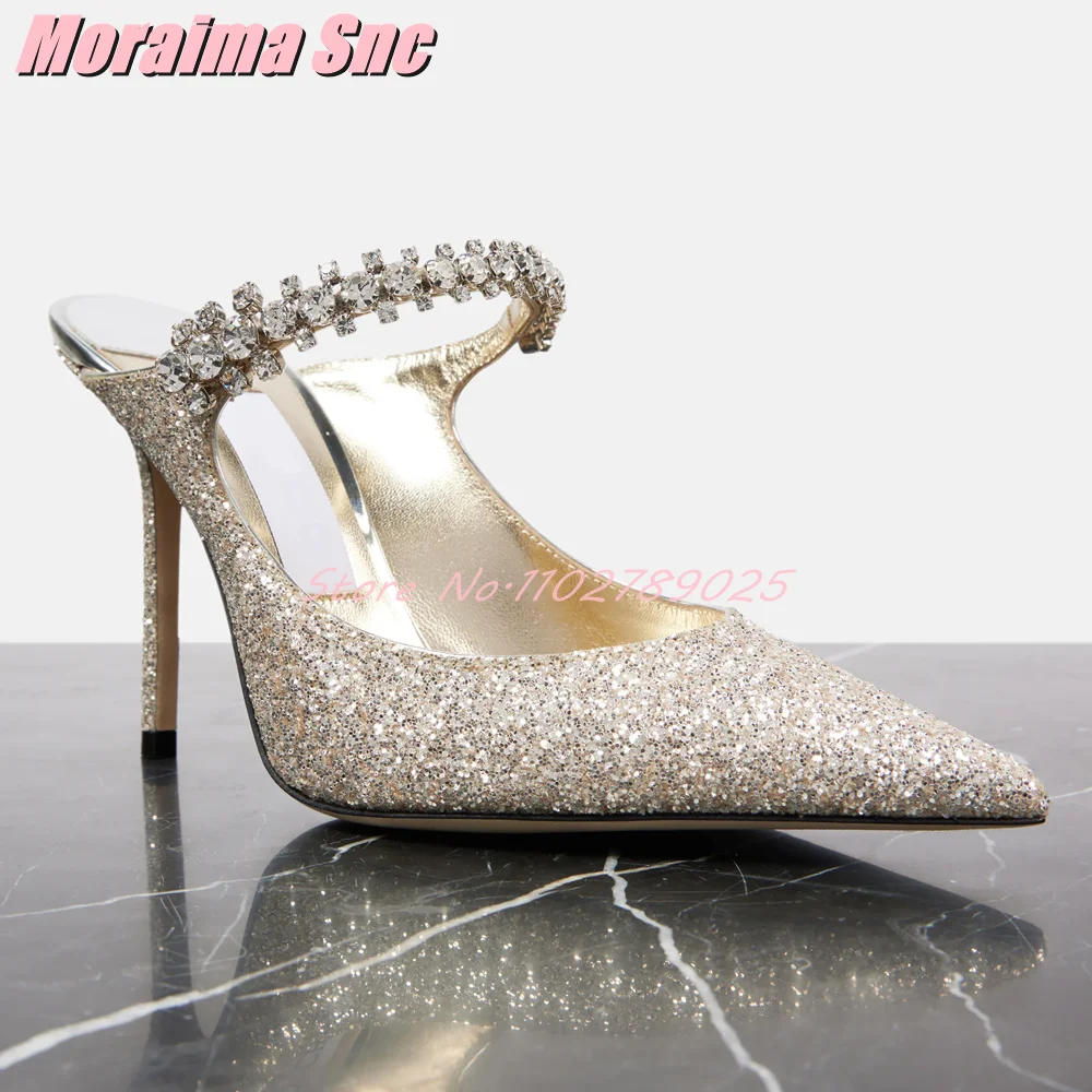 Crystal Embellished Glitter Mules Pointed Toe Stiletto High Heel Sexy Fashion Slip On Women Summer Slippers Outdoor Dress Shoes