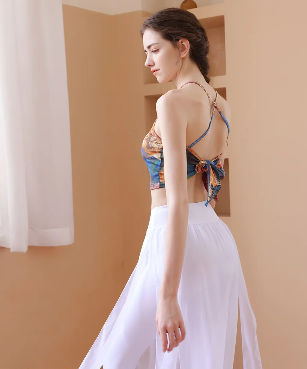 Feitian Dance with Chest Cushion Tank Top Set for Women's Summer Beauty Back Strap Printed Chiffon Pants Sports Fitness Set 2025