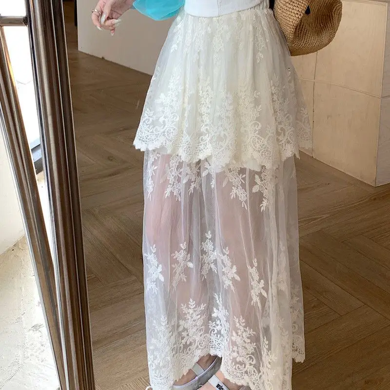 

Y2k Lace Patchwork Mesh A-line Skirts Summer High Waist White Skirt for Women 2025 New Mid-length Loose Faldas Sexy Mujer