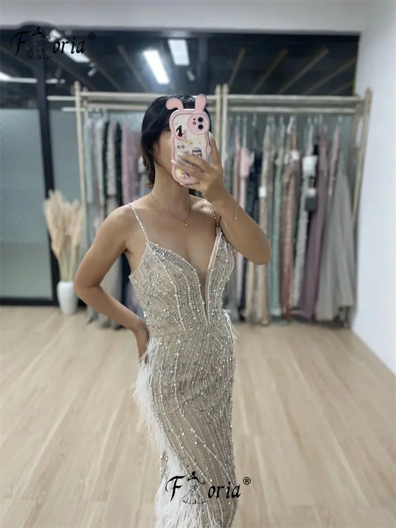 Stunning Mermaid Beaded Feathers Women Wedding Party Dresses Dubai Luxury V Neck Cape Sleeves Evening Prom Gowns Customized Robe