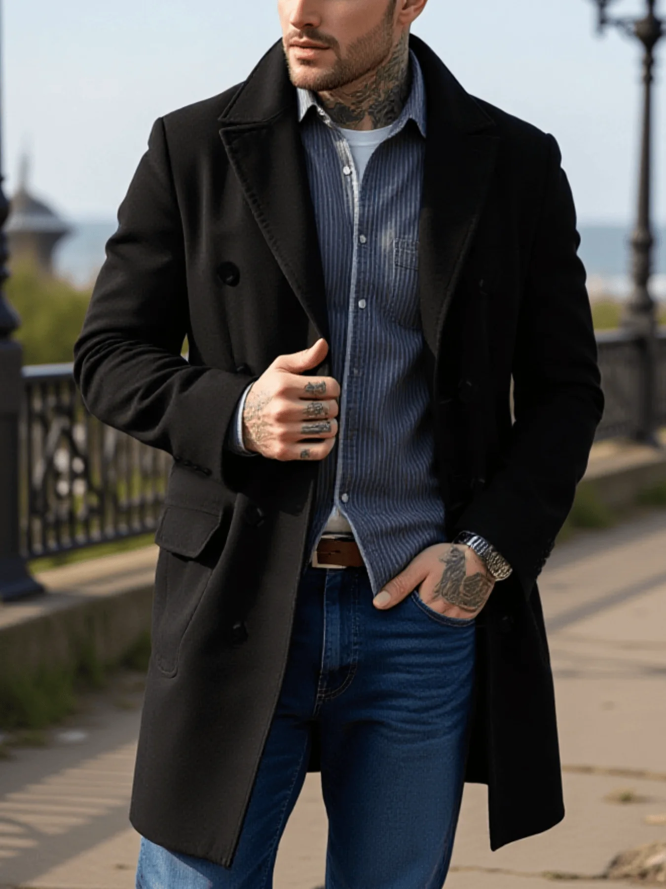 معطف رجالي ملابس الشارع معاطف صوفية مزدوجة الصدر بتصميم ريترو سترة سميكة من التويد مع ياقة واقفة دافئة ملابس رجالية