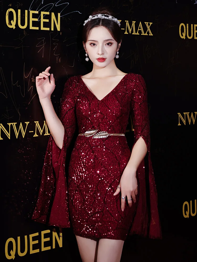 

Ele Red Evening Gown Women's Faion High-End Birthday Par Dr ort Wrap Bodycon Sequin Mid-Waist Zipper Sle