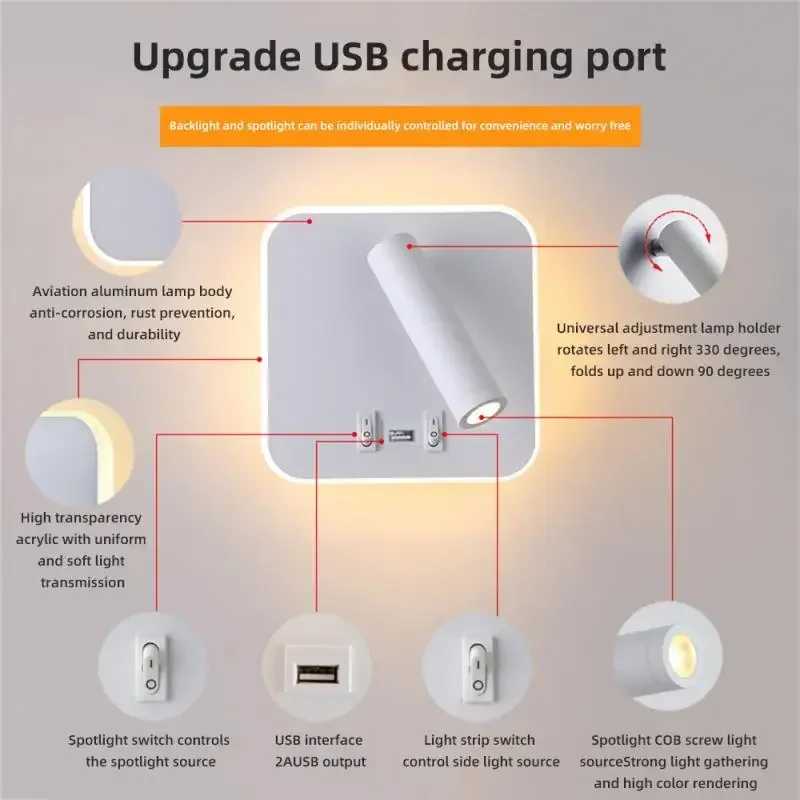 LED Wall Light Bedside Warm light Reading Light With Switch USB Charging Port Adjustable Mood Lighting For Bedroom Kitchen