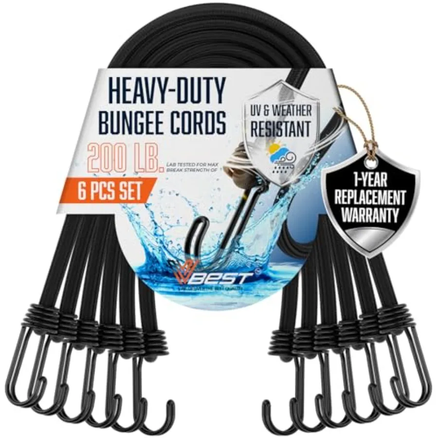 

6 ft Extra Long Bungee Cords with Hooks - Large Heavy Duty Outdoor Black Bungee Straps Set of 6 Pieces 72 Inch