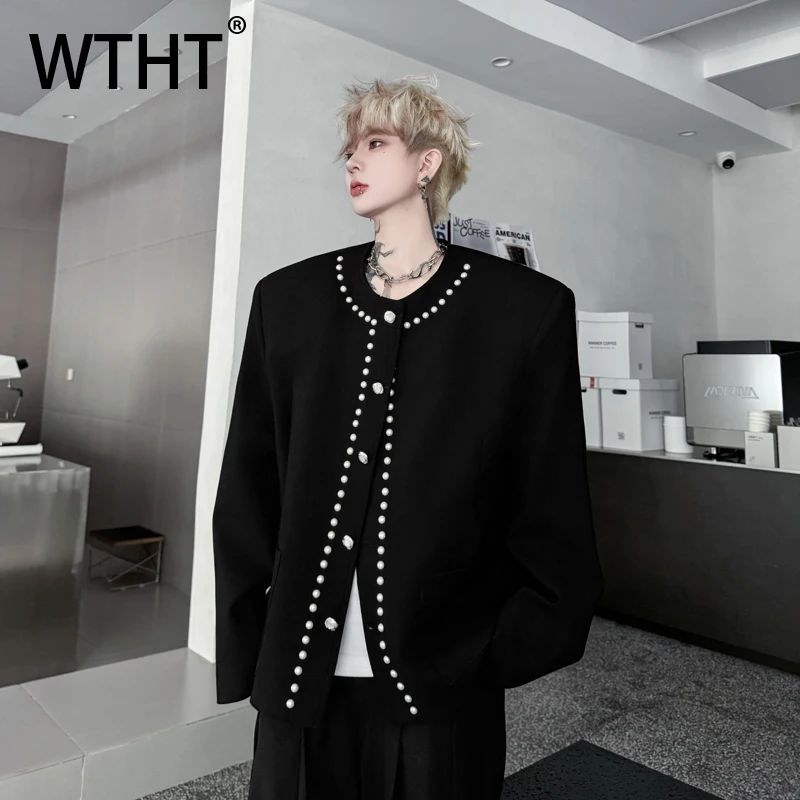 

WTHT Trendy 2025 Autumn Men's Solid Color Loose Beads Design Coat Fashion O-neck Single-breasted Long Sleeves Jacket Male 2A1705