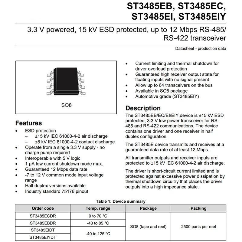 ST3485EBDR SOP-8 3485EB 5PCS 3.3V power supply RS-485/RS-422 transceiver chip