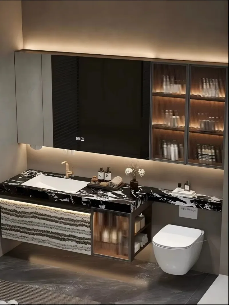 Luxury modern stone wall-mounted bathroom cabinet combination sink with ceramic basin and mirror, custom sink for hotel use