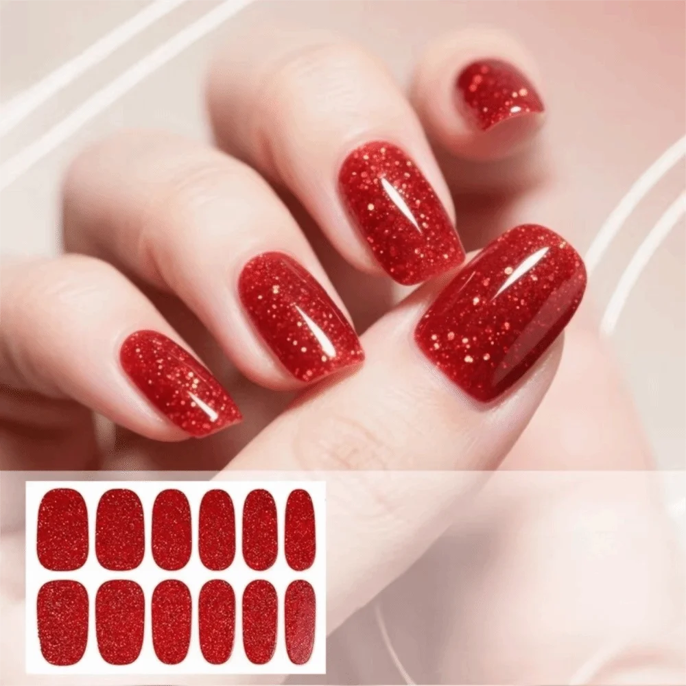 Self-Adhesive Gel Nail Stickers Glitter Pink Full Cover Nail Strips Solid Gradient Toenail Stickers Home Salon