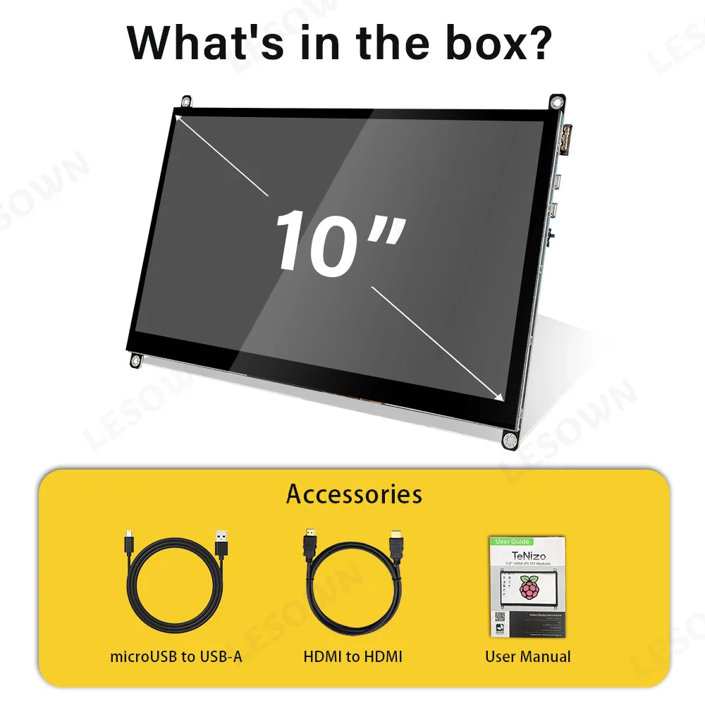 LESOWN Raspberry Pi Display 10,1 inch touchscreen monitor 1024x600 HDMI 5V USB-aangedreven 16:9 IPS-scherm voor Raspberry Pi 4/3/2