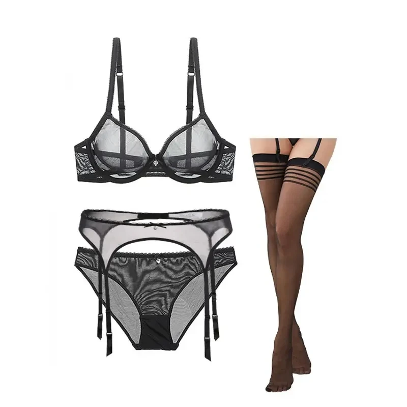 European and American Sexy Underwear Ultra-thin Transparent Mesh Bra Set Garter Belt With Stockings 4 Piece Set