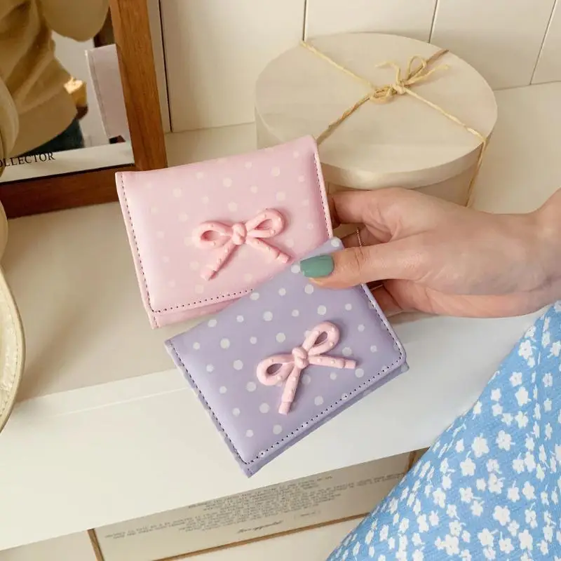 Fashionable Women Wallet Decorated With Sweet Bow Multifunctional Foldable Wallet Dot-Shaped Bow Tie Three-Fold Wallet
