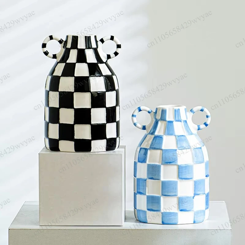 Modern Chessboard Plaid Double Ear Ceramic Vase, Art Home Living Room Dried Flower Arrangement Ornament, Ceramic Craft