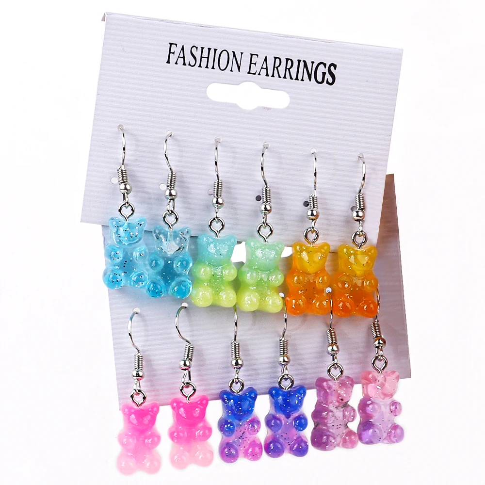 3 Pairs/Set Candy Color Acrylic Gummy Bear Drop Earrings for Women Korean Transparent Resin Jelly Bears Earring Sets Y2k Jewelry