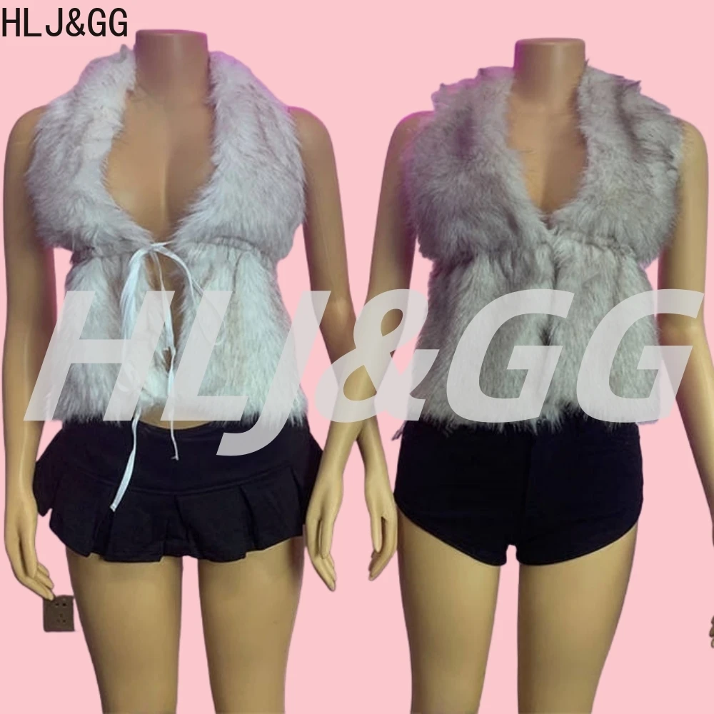 

HLJ&GG Trend Sexy Fur Halter Bandage Two Piece Sets Women Sleeveless Backless Crop Top And Pleated Mini Skirts Outfit Streetwear