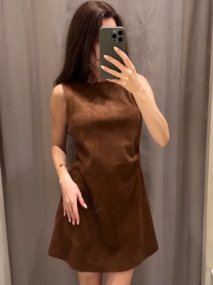 

Коричневое облегающее мини-платье для женщин: элегантное повседневное платье с круглым вырезом без рукавов, А-силуэт, приталенное, шикарное, модель 2026 года, для вечеринок и офиса