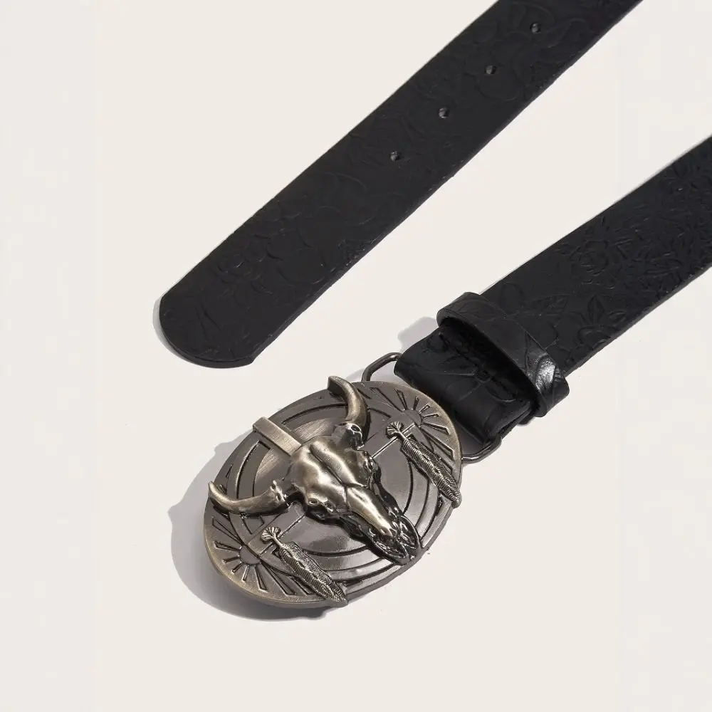 Luxury Carved Western Cowboy Belt Cow Head Buckle Vintage Embossed Belt Retro Waistband For Man Women