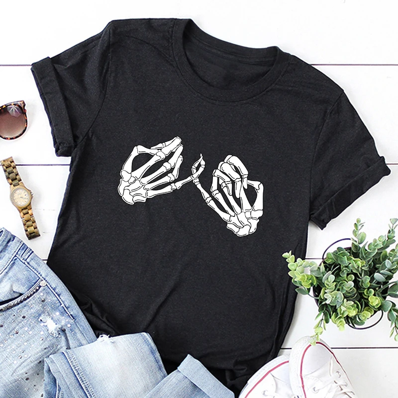 

Skull Hand in Hand Print T Shirt Women Short Sleeve O Neck Loose Tshirt Women Tee Shirt Tops Camisetas Mujer