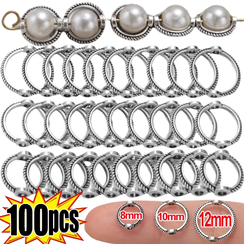 8/10/12mm Vintage Round Frame Wrapped Bead Connect Rings Spacers Sliver Through Hole Beading Cap DIY Bracelet for Jewelry Making