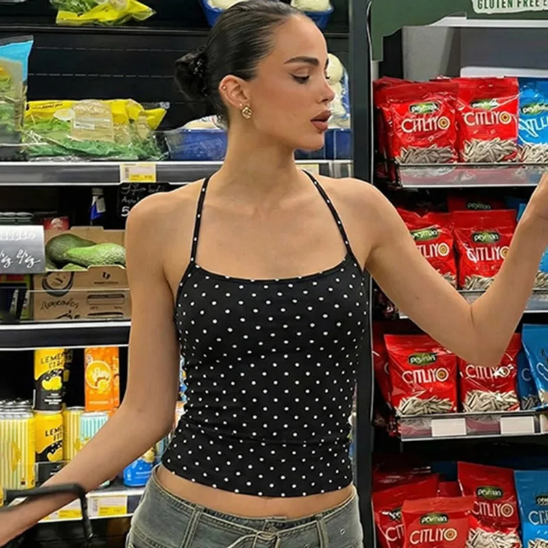 

Talenza Sexy Polka Dot Camisole Women's New Contrast Backless Lace-up Slim Vest Top Summer Party Vacation Y2k Casual Women's Top