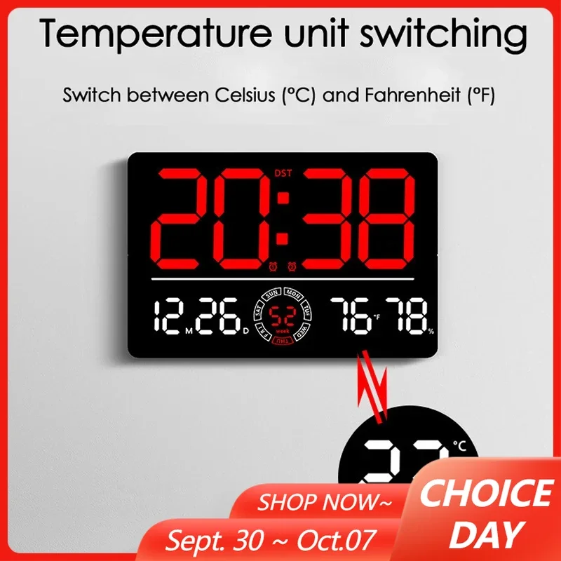 LED Wall Clock with Dual Alarms Timing Function Temperature Date Week Humidity Display Wall-mounted LED Clocks for Home Office