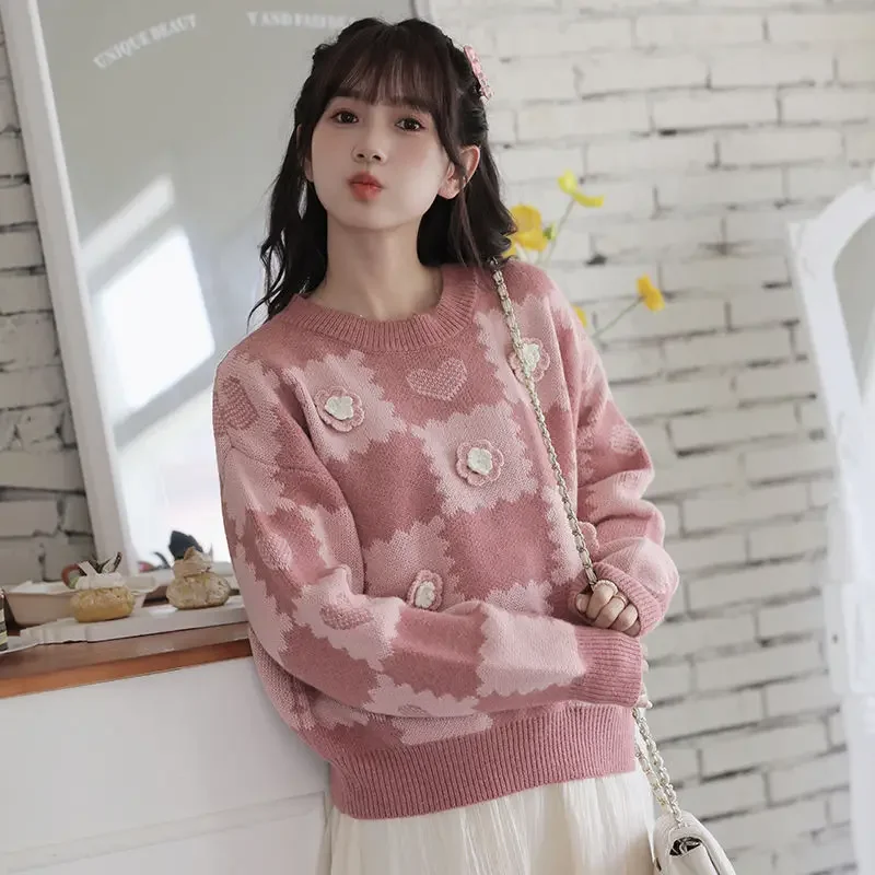 Kimotimo Sweater Women Sweet Three-dimendsional Flowers Colorblock Short Pullover 2023 Autumn Winter Round Neck Fashion Knit Top