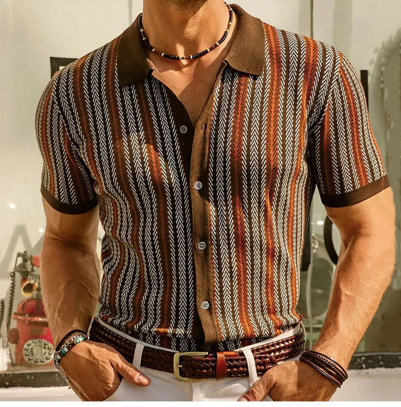 

High End Jacquard Striped Polo Shirts For Men Short Sleeve Elastic Summer Quality Viscose Knitted Smart Casual Camisas De Hombre